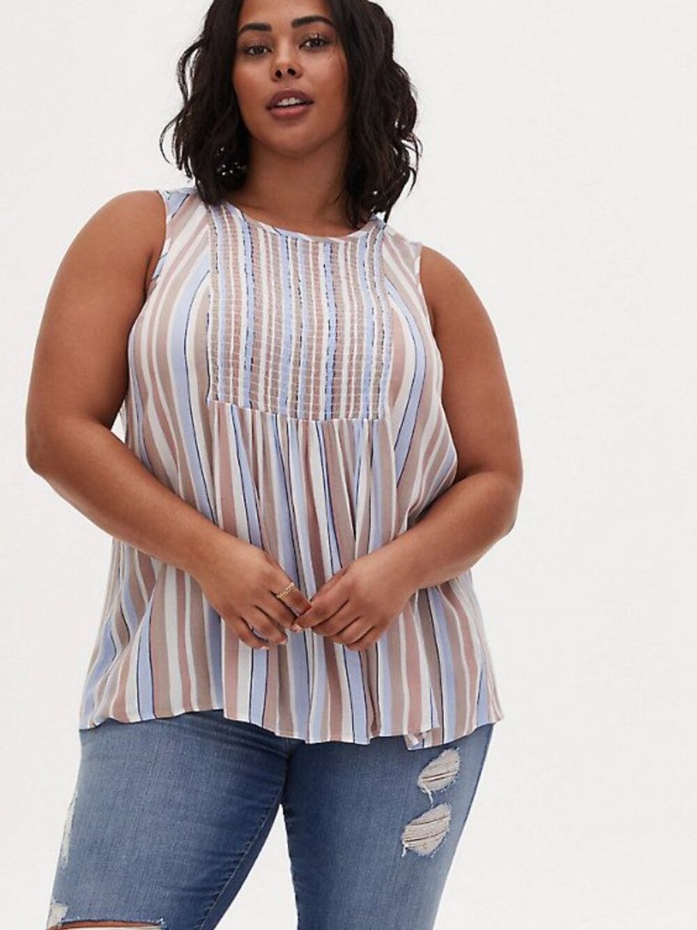 Torrid Blue Brown Striped Sleeveless Blouse Boho Lightweight Top Size 1 (1X)